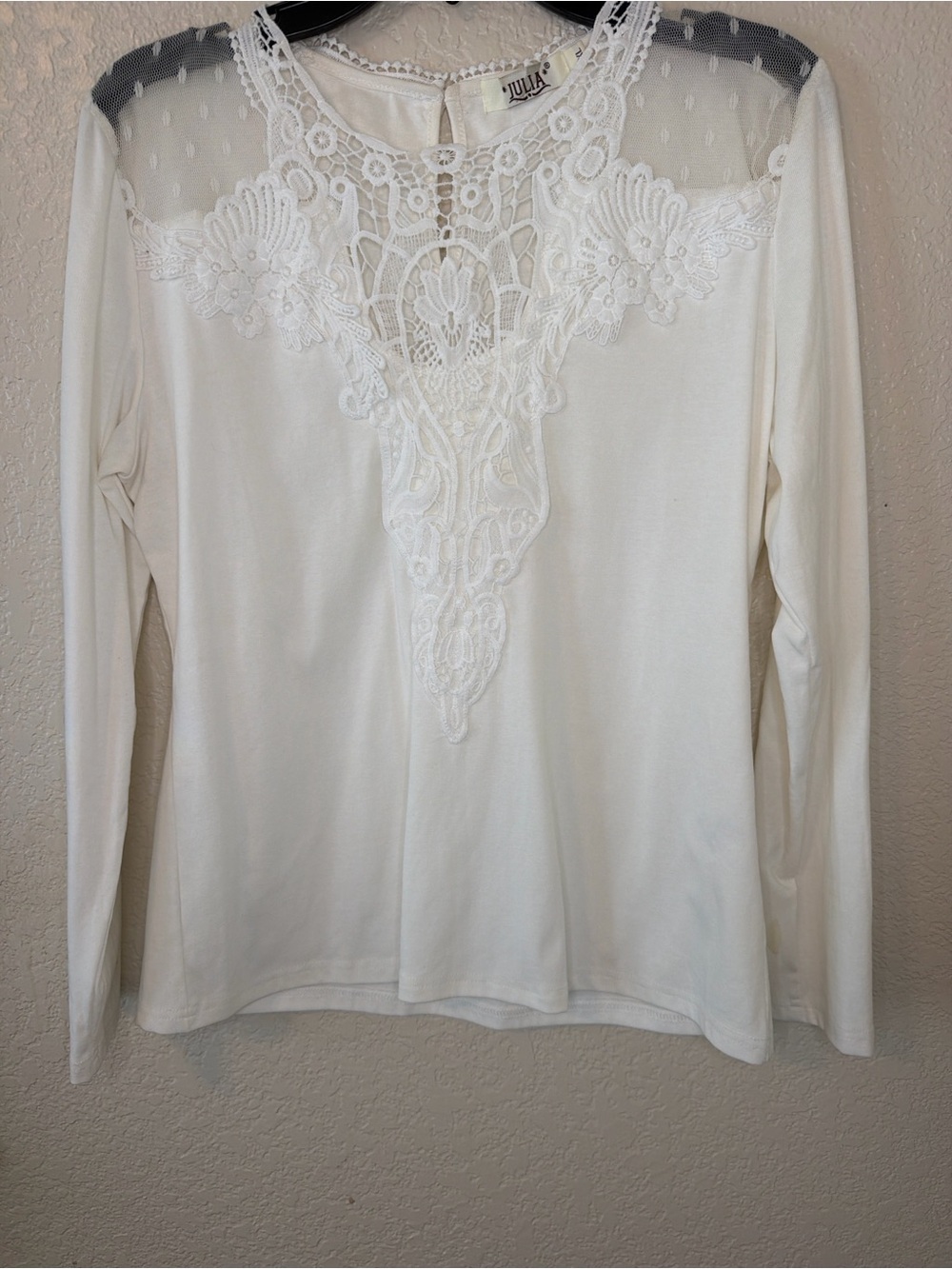 White Lace-Trim Long Sleeve Top
